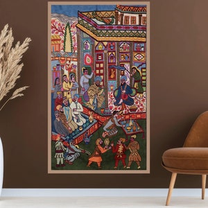 May include: A colorful illustration depicting a scene of people gathered in a courtyard. The illustration is done in a folk art style with bright colors and intricate details. The people are dressed in traditional clothing and are engaged in various activities, such as talking, drinking, and playing music. The courtyard is surrounded by buildings with ornate decorations.