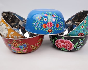 Hand Painted Big Bowl For Fruit Salad | Large Painted Bowl | Kashmir Enamelware |Boho Picnic Bowls