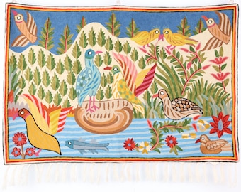 Handcrafted Crewel Embroidery | Bird Folk Wall Tapestry |Wool Embroidered Folk Art