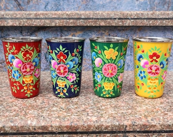 Hand Painted Set Of 4 Pcs Water Tumbler From Kashmir | Kashmir Enamelware | Indian Enamelware | Kitchen Decor.