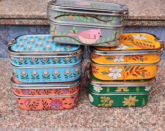 Hand Painted Bento Lunch Boxes | Kashmir Enamelware | Rectangular Painted Tiffins |
