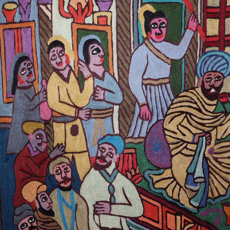 May include: A colorful embroidered tapestry depicting a group of people in a room. The tapestry features a variety of colors, including red, blue, green, yellow, and brown. The people in the tapestry are wearing traditional clothing and are engaged in various activities. The tapestry is a beautiful example of traditional embroidery.
