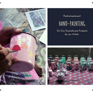 May include: A pink enamelware mug being hand-painted with floral designs. The image shows the process of hand-painting enamelware products. The text reads "HAND-PAINTING On Our Enamelware Products by our Artists."