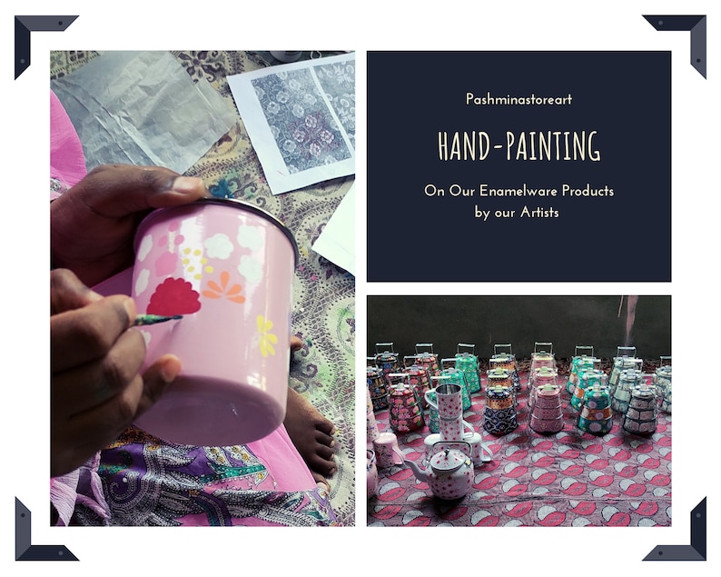 May include: A pink enamelware mug being hand-painted with floral designs. The image shows the process of hand-painting enamelware products. The text reads "HAND-PAINTING On Our Enamelware Products by our Artists."