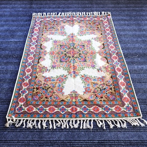 Multi Colored Chain Stitch Wool Rug | Handmade Crewel Rugs | Authentic Kashmiri Chain Stitch Area Rug |Decorative Bedroom Large Rug