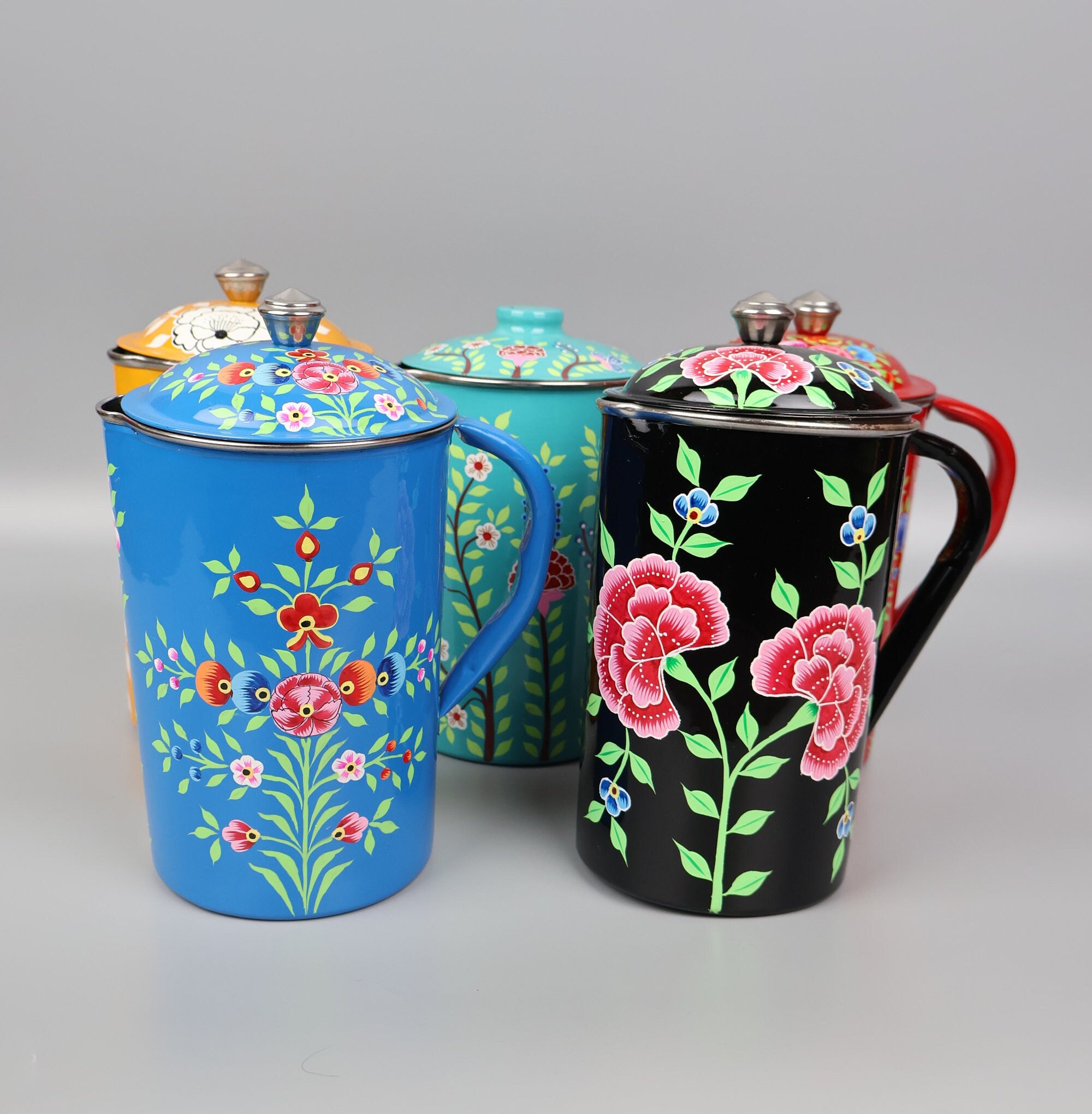 Hand Painted Water Pitcher With Lid From India | Kashmir Enamelware | Metal Jugs