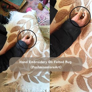May include: A person hand-stitching a white felted rug with brown embroidery in the shape of leaves. The text "Hand Embroidery On Felted Rug (PashminastoreArt)" is visible below the rug.