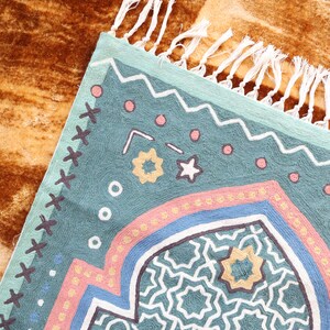 May include: A teal blue rug with a geometric pattern in pink, yellow, and white. The rug has a fringe border.