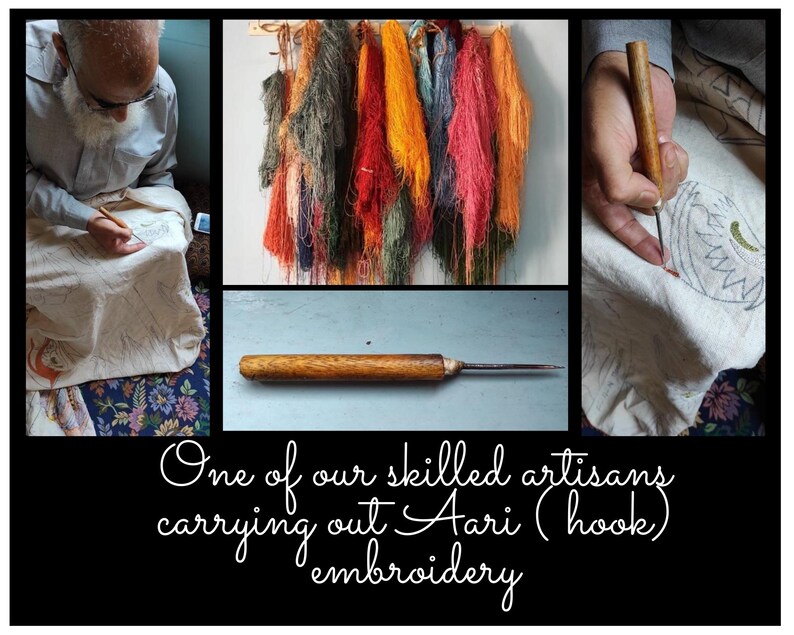 May include: A close-up of a skilled artisan using a hook to create a traditional Ari embroidery design. The artisan is working on a white fabric with a floral pattern. The image also shows a variety of colorful threads and a wooden hook.