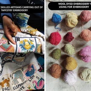 May include: A close-up of a person working on a tapestry embroidery project. The tapestry features a colorful alphabet design. A variety of wool yarn skeins in different colors are shown in the right side of the image. The text "WOOL DYED EMBROIDERY THREADS USING FOR EMBROIDERY" is displayed above the yarn skeins.