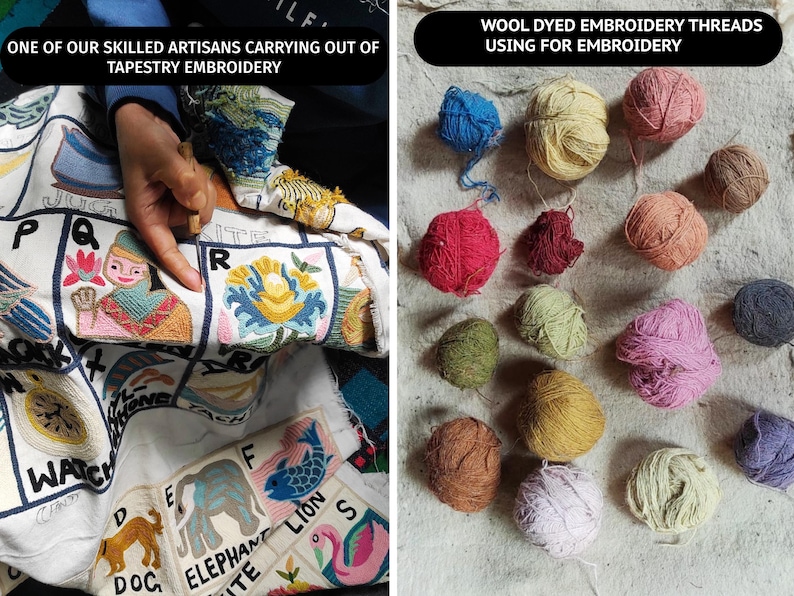 May include: A close-up of a person working on a tapestry embroidery project. The tapestry features a colorful alphabet design. A variety of wool yarn skeins in different colors are shown in the right side of the image. The text "WOOL DYED EMBROIDERY THREADS USING FOR EMBROIDERY" is displayed above the yarn skeins.