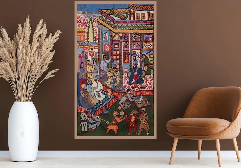 May include: A colorful illustration depicting a scene of people gathered in a courtyard. The illustration is done in a folk art style with bright colors and intricate details. The people are dressed in traditional clothing and are engaged in various activities, such as talking, drinking, and playing music. The courtyard is surrounded by buildings with ornate decorations.
