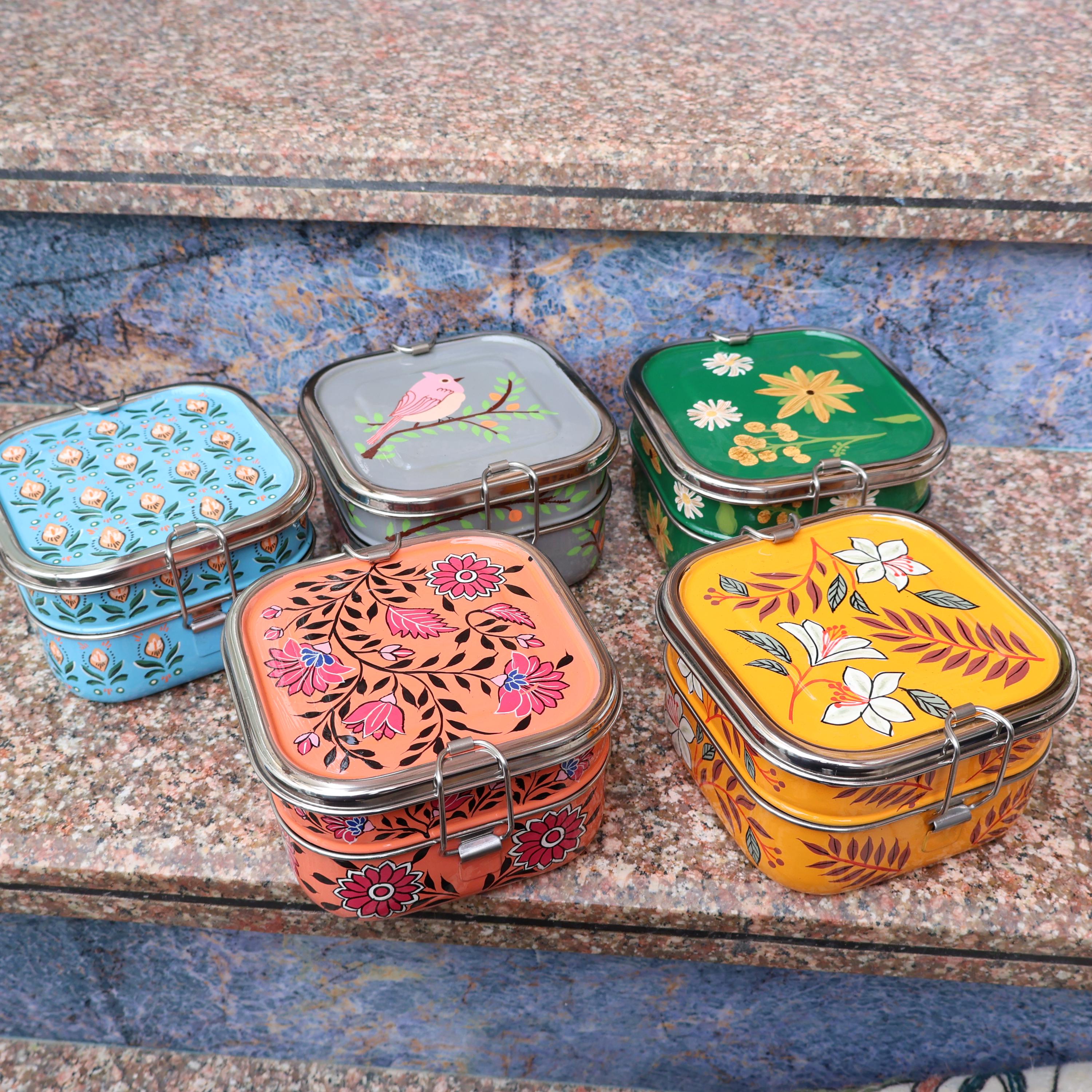 Hand Painted Square Bento Lunch Box Two Compartments | Kashmir