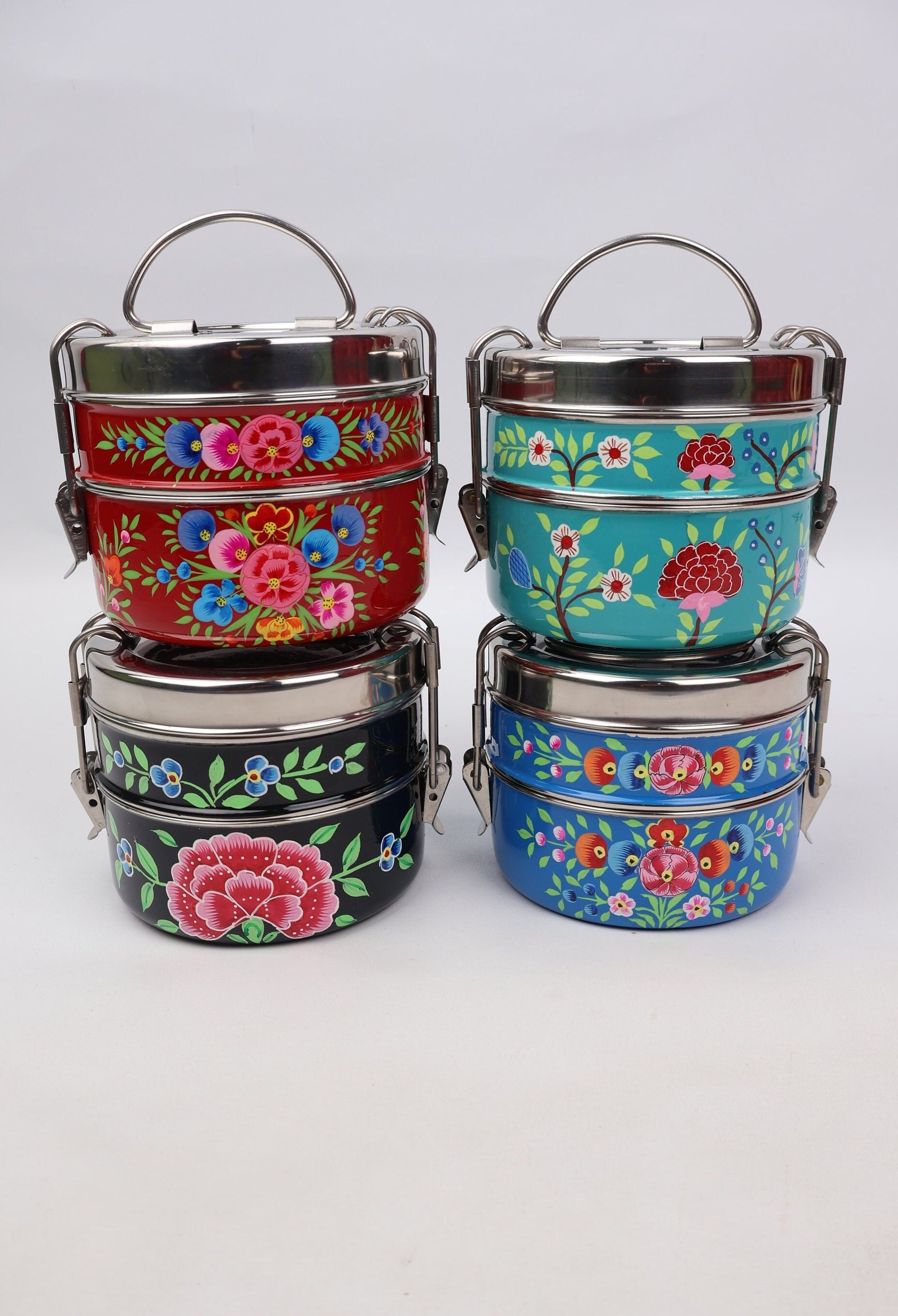 Hand Painted 2 Tier Round Tiffin From India| Kashmir Enamelware | Painted Utensils Of Kashmir |Boho Tiffins
