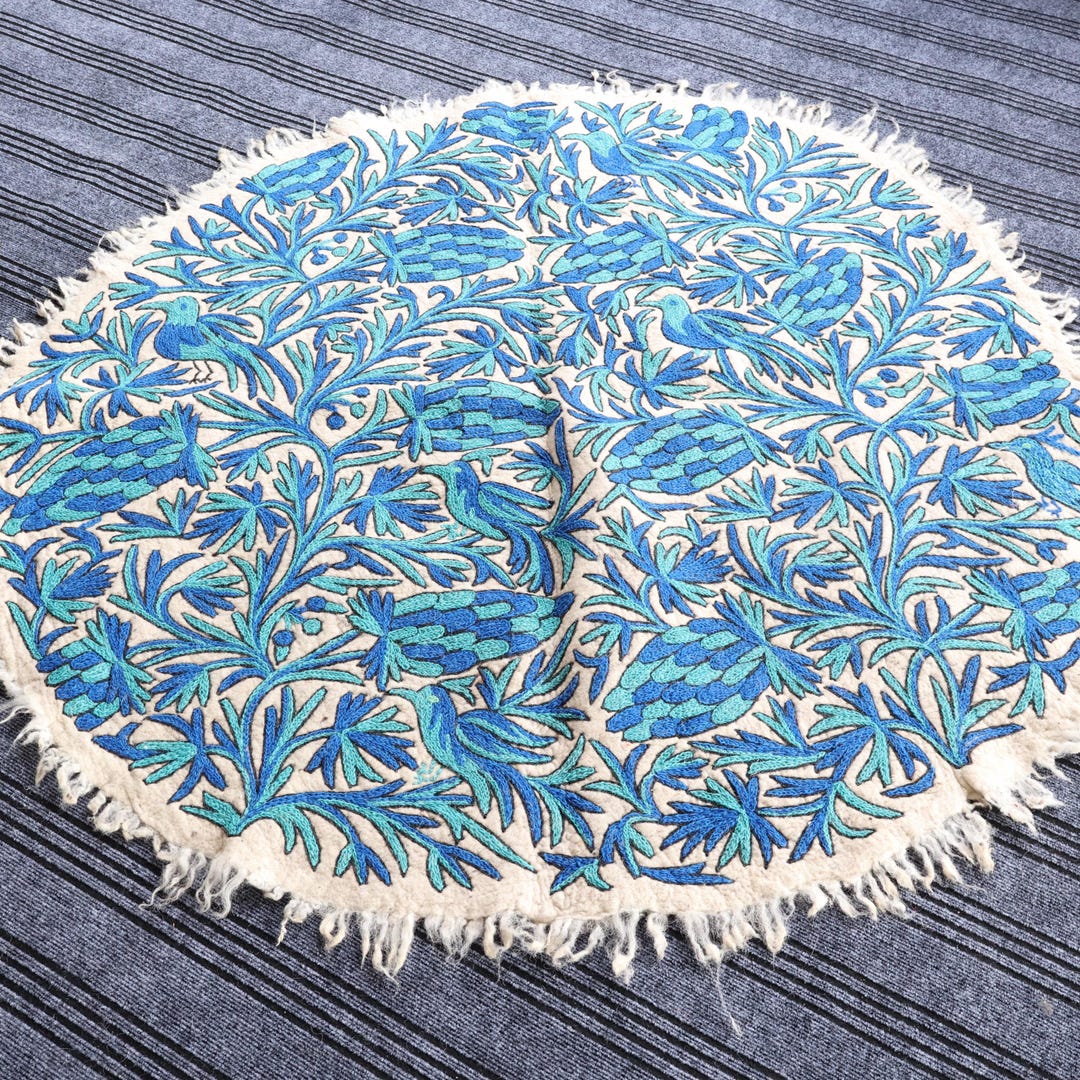 Handmade Kashmir Wool Rug: Embroidered Round Carpet, 5ft - Etsy