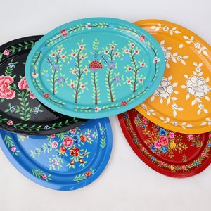 Hand Painted Oval Shaped Enamelware Tray From Kashmir |Metal Painted Serving Trays|Vibrant Floral Perfect for Serving & Home Decor.