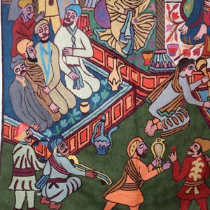 May include: A colorful embroidered tapestry depicting a scene with multiple figures in traditional clothing. The figures are gathered around a central area with a blue and green tiled floor. The tapestry is made with vibrant colors and intricate details.