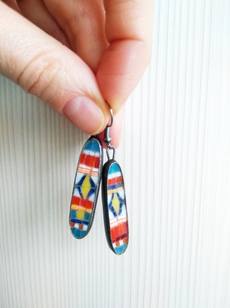gift for her handmade art jewelry abstract jewelry african motives oval shape Geometric mosaic earrings asymmetric ornaments earrings