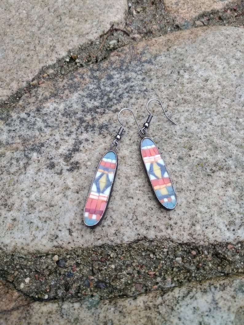 gift for her handmade art jewelry abstract jewelry african motives oval shape Geometric mosaic earrings asymmetric ornaments earrings