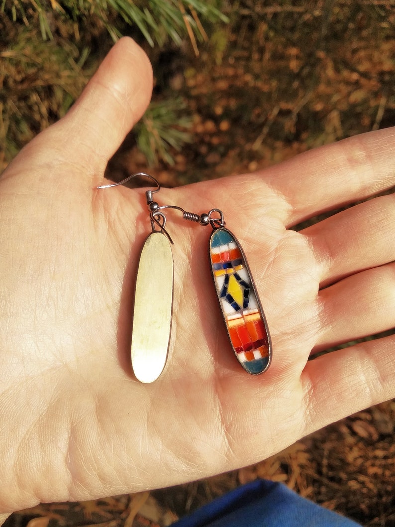 gift for her handmade art jewelry abstract jewelry african motives oval shape Geometric mosaic earrings asymmetric ornaments earrings