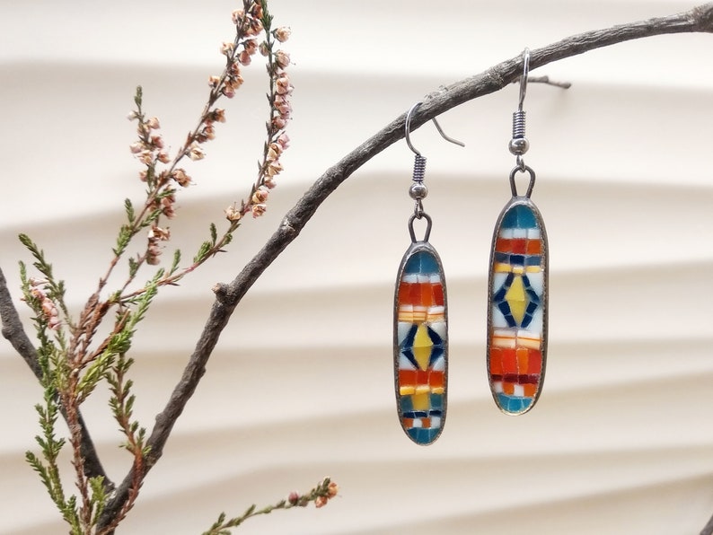 gift for her handmade art jewelry abstract jewelry african motives oval shape Geometric mosaic earrings asymmetric ornaments earrings