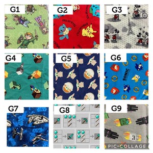 May include: A collage of nine fabric swatches with various cartoon and video game character patterns. Designs include characters from Zelda, Pokemon, Minecraft, Star Wars, Sonic the Hedgehog, and Mickey Mouse. The fabrics are in various colors.
