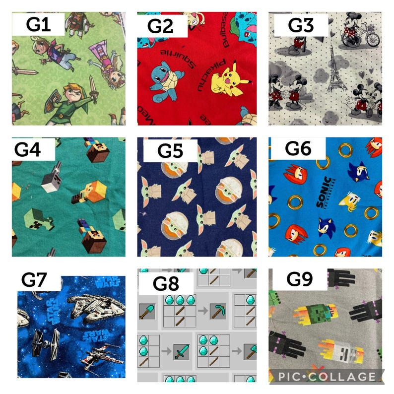 May include: A collage of nine fabric swatches with various cartoon and video game character patterns. Designs include characters from Zelda, Pokemon, Minecraft, Star Wars, Sonic the Hedgehog, and Mickey Mouse. The fabrics are in various colors.