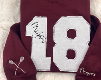 Custom Sports Number Applique Shirt, Personalized Team Number with Name, Sports Mom Athlete Apparel - Lacrosse sticks and Demons on sleeve