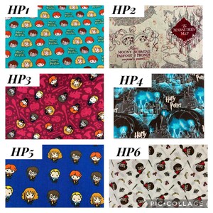 May include: A collage of six fabric swatches featuring designs from the Harry Potter series. The swatches display repeating patterns of characters, the Marauder's Map, and Hogwarts. Colors include blue, red, and white.
