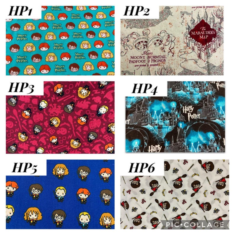 May include: A collage of six fabric swatches featuring designs from the Harry Potter series. The swatches display repeating patterns of characters, the Marauder's Map, and Hogwarts. Colors include blue, red, and white.