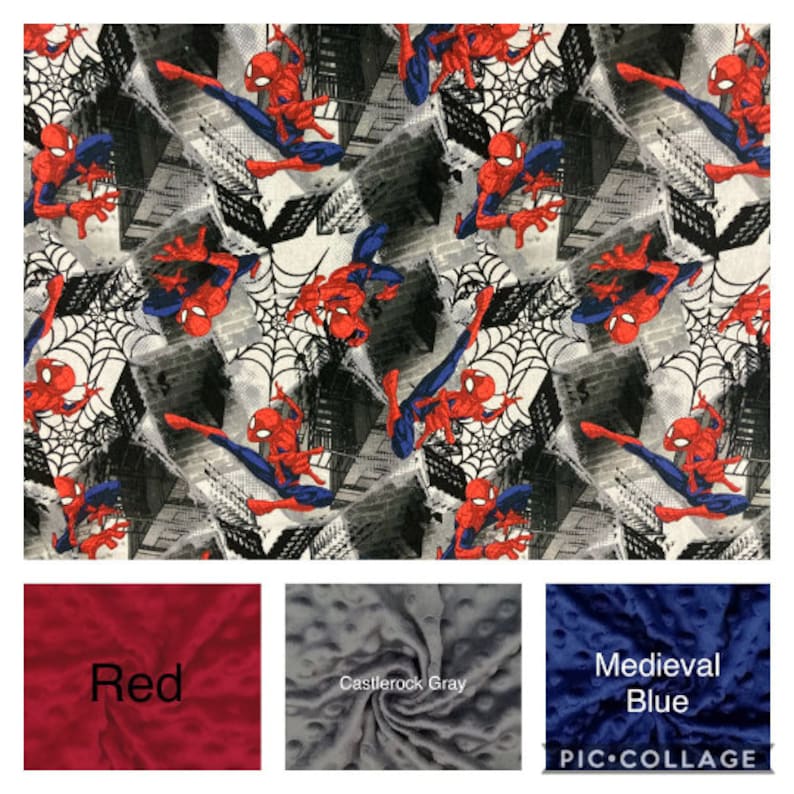 May include: A fabric with a repeating pattern of Spiderman swinging through a city skyline. The fabric is white with black and gray details. The Spiderman figures are red and blue. The fabric is shown next to three swatches of fabric in red, gray, and blue.