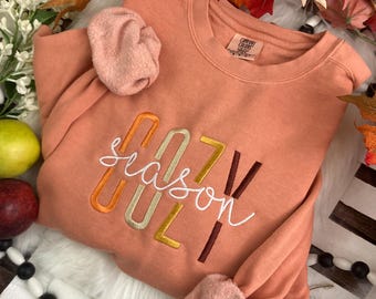 Cozy Season Embroidered Fall Sweatshirt or T-Shirt, Autumn Script Design, Comfort Colors, Gift for Her