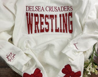 Custom School Sports Team Sweatshirt | Personalized Keepsake- Side Bows- Team Spirit with Glitter Embroidered Wrestling, Soccer, Football