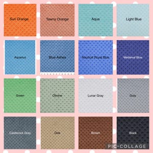 May include: A collage of sixteen squares showcasing various colors of minky fabric. Colors include Sun Orange, Tawny Orange, Aqua, Light Blue, Aquarius, Blue Ashes, Nautical Royal Blue, Medieval Blue, Green, Olivine, Lunar Gray, Gray, Castlerock Gray, Doe, Brown, and Black.