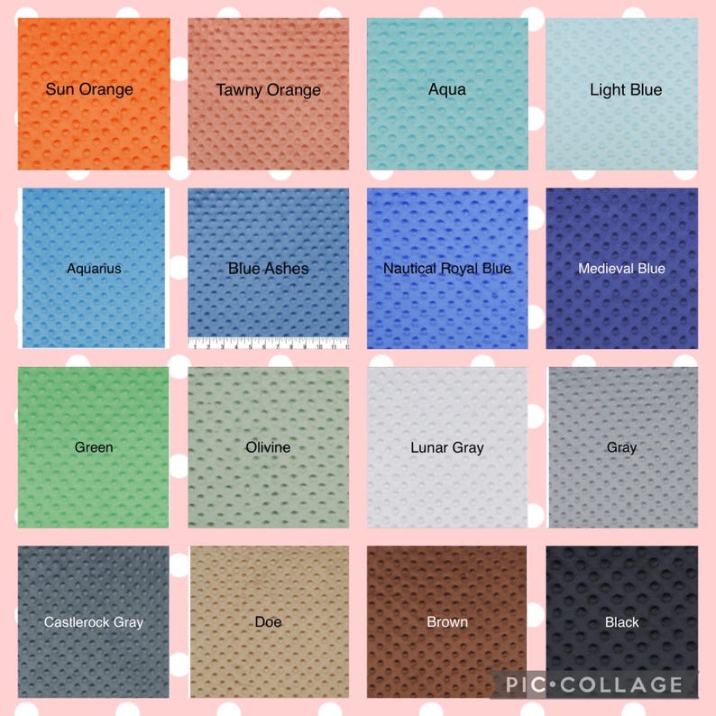 May include: A collage of sixteen squares showcasing various colors of minky fabric. Colors include Sun Orange, Tawny Orange, Aqua, Light Blue, Aquarius, Blue Ashes, Nautical Royal Blue, Medieval Blue, Green, Olivine, Lunar Gray, Gray, Castlerock Gray, Doe, Brown, and Black.