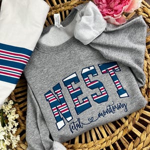 May include: Gray sweatshirt with the word "NEST" in red, white, and blue stripes. The word "fetal" and a heart symbol are below the word "NEST" with the words "monitoring" following.