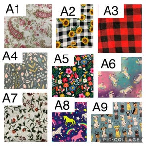 May include: A collage of nine fabric swatches with various patterns. The patterns include floral, paisley, buffalo plaid, sunflowers, and whimsical designs with unicorns, dogs, and mushrooms. The swatches are in various colors, including red, black, white, blue, and green.