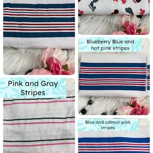 May include: Four different fabric swatches with striped patterns. The swatches are teal and dark pink, blueberry blue and hot pink, pink and gray, and blue and salmon pink.