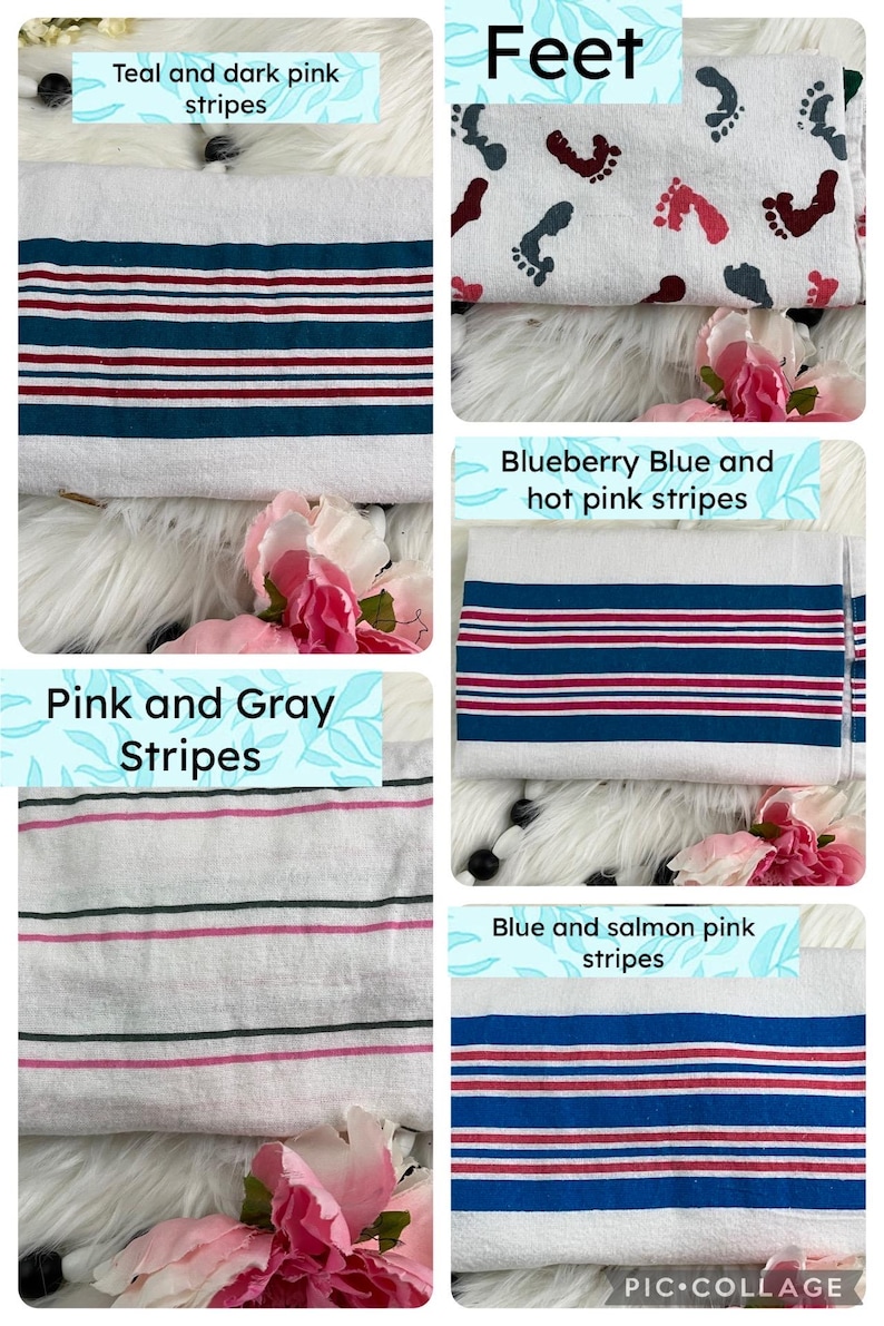 May include: Four different fabric swatches with striped patterns. The swatches are teal and dark pink, blueberry blue and hot pink, pink and gray, and blue and salmon pink.