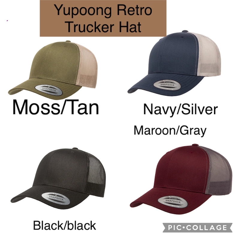 May include: Four trucker hats in different color combinations. The hats are all the same style, with a mesh back and a solid front panel. The colors are moss green with tan mesh, navy blue with silver mesh, maroon with gray mesh, and black with black mesh. The hats all have the word "SNAPBACK" printed on the back.