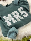 MRS Applique Embroidered Sweatshirt with Bride’s New Last Name – Sage Chinoiserie – Personalized Bridal Gift, Wedding, Engagement, Honeymoon