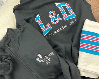 Curved L & D Nurse Quarter Zip sweatshirt or Full Zip hoodie from baby hospital swaddle Blanket-  RN labor delivery   - Jacket