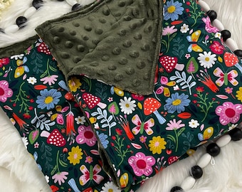 Floral Weighted Blanket - Wildflower Mushroom Print, Dot Minky Back