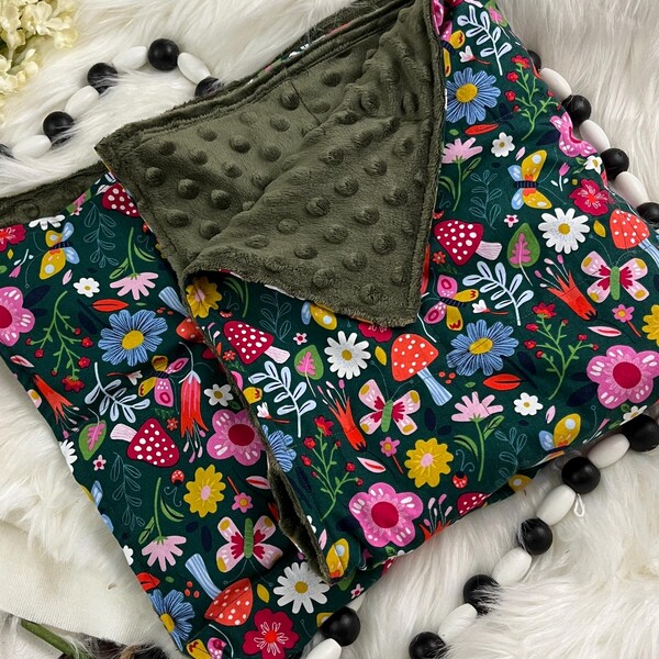 Floral Weighted Blanket - Wildflower Mushroom Print, Dot Minky Back