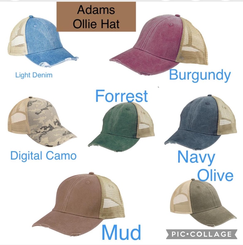May include: A collage of ten different colored trucker hats with a mesh back. The hats are in the colors light denim, burgundy, digital camo, forest green, navy, olive, mud, black, white, and pink. The text "Adams Ollie Hat" is at the top of the collage.