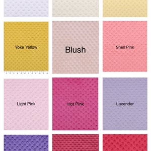 May include: A collage of 12 fabric swatches in various colors, including white, ivory, yellow, yoke yellow, blush, shell pink, light pink, hot pink, lavender, purple, rhythmic red, and red. Each swatch has a textured, dimpled surface.