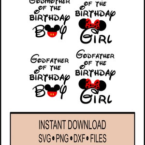 SVG - Padrinos - Cumpleaños Niño Niña - Cricut y Silueta Descarga Instantánea - Madrina y Padrino - Familia - Orejas de Ratón - PNG DXF