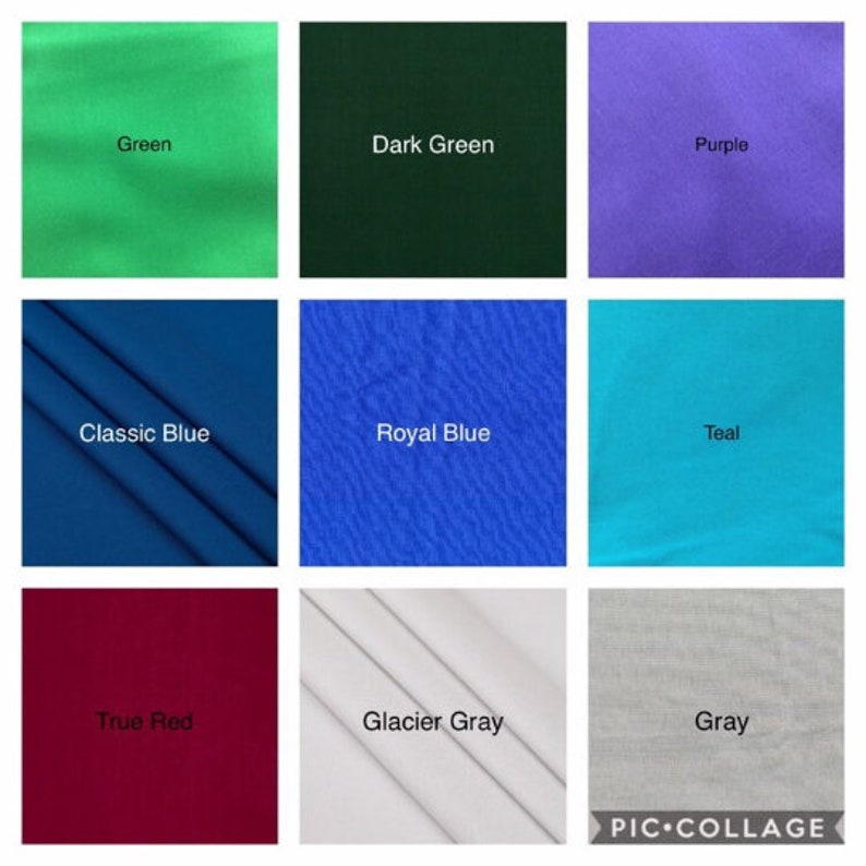 May include: A collage of nine fabric swatches in different colors, including green, dark green, purple, classic blue, royal blue, teal, true red, glacier gray, and gray.