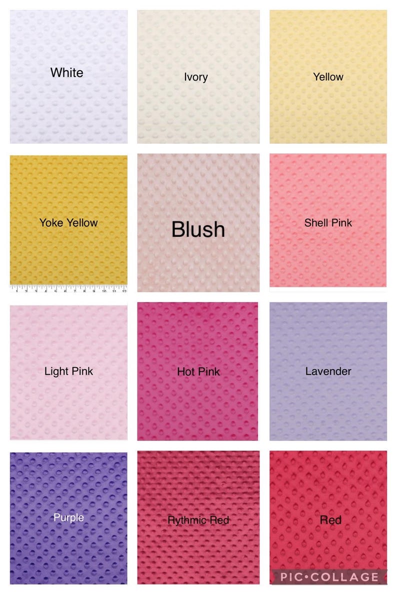 May include: A collage of fabric swatches in various colors, including white, ivory, yellow, blush, shell pink, light pink, hot pink, lavender, purple, rhythmic red, and red. Each swatch has a textured, dotted surface.