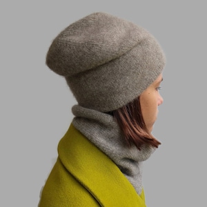 Slouchy beanie scarf set from Mongolian yak wool, warm winter knit chunky hat and neck gaiter